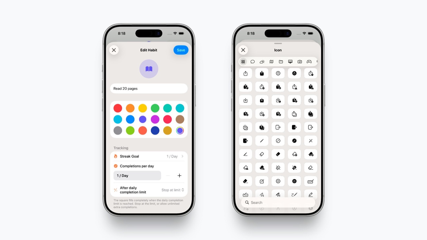 Habit creation and editing screens