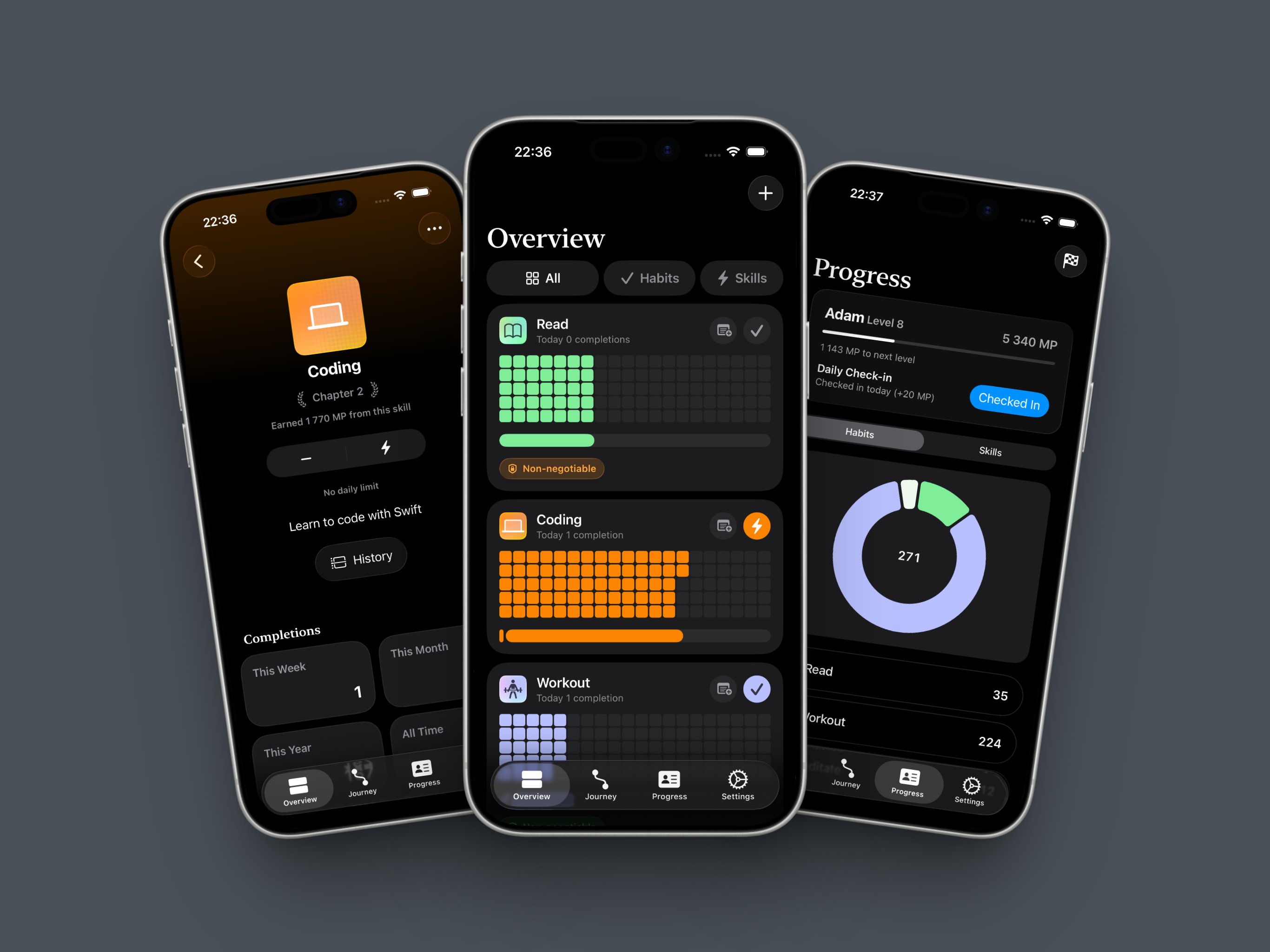 Mastery app preview on three iPhone screens